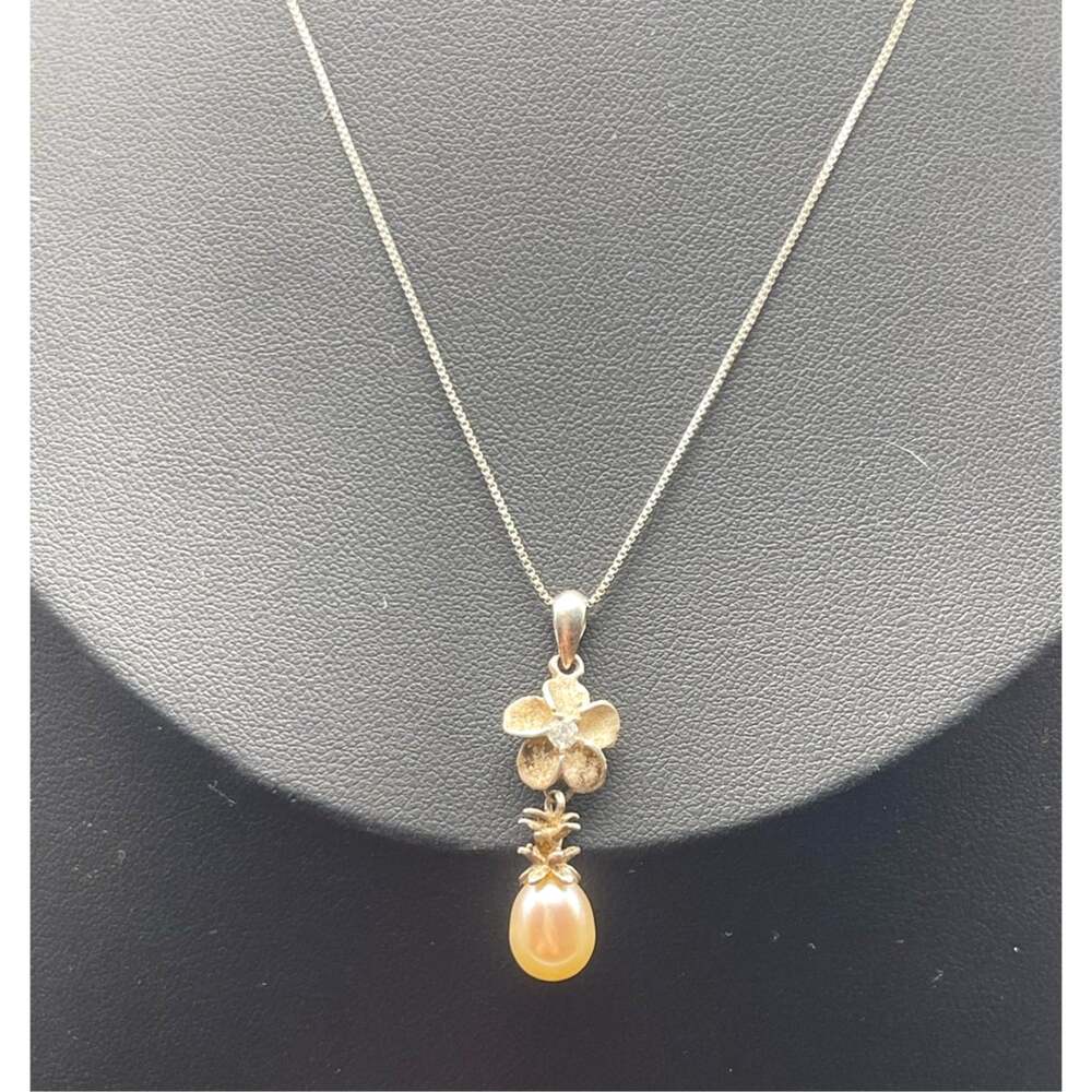 925 Hawaiian Pendant Pearl Flower Charm 16" Italy Sterling Box Chain Necklace